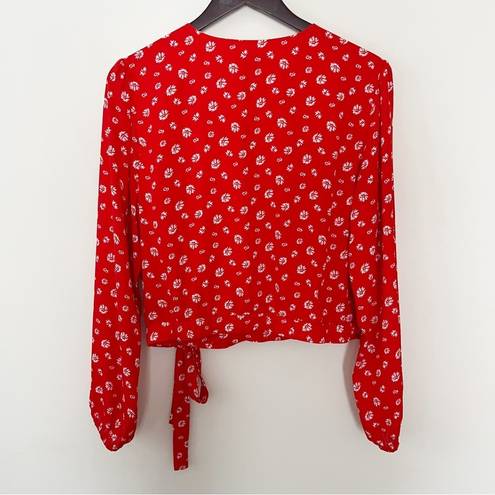 Jason Wu J  Floral Print Long Sleeve Wrap Blouse Fiery Red Daisy Size M A395376