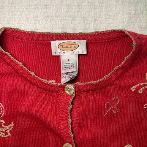 Talbots PL  Red Cardigan with Floral Embroidery
