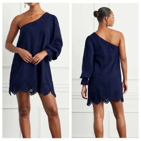 Hill House New  The Mila Dress Navy Linen Eyelet One Shoulder Mini Length Size XS