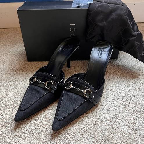 Gucci Black GG Canvas and Leather Horse-Bit Pointed Mules Women’s Size 8