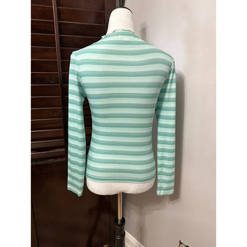 Edge Cali Be Womens Casual Top Blue Stripe Long Sleeve Mock Neck Lettuce  Rib M