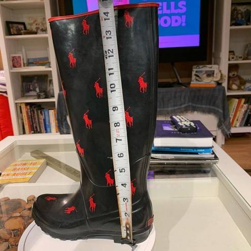 Polo Ralph Lauren Knee-High Rubber Wellies Rainboots Black Red Women, Size 6.5