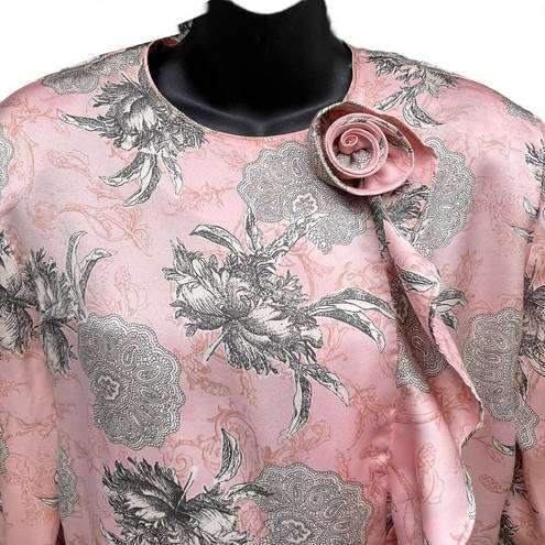 Blossom VTG 90s Floral Satin Button Up Blouse Flower  Detail Pink Women’s 12
