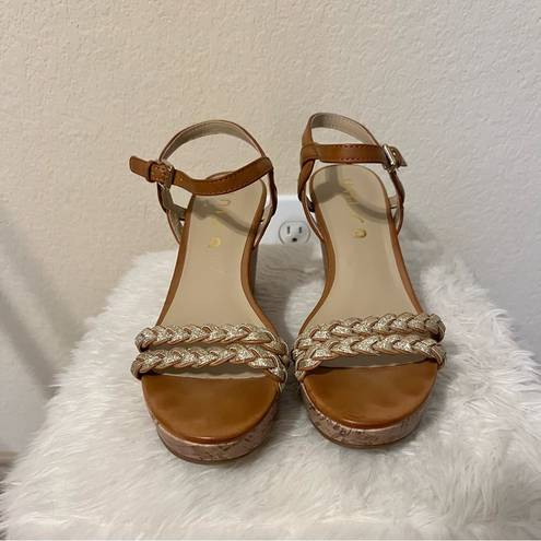 Unisa  Tan and Gold Braided Wedge Cork Heels