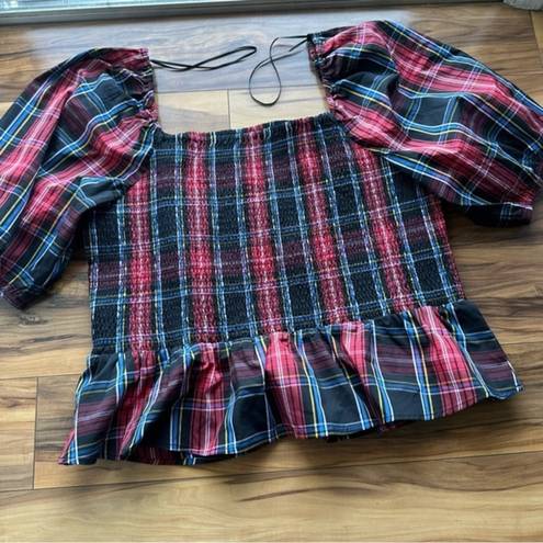 Draper James  multicolored plaid smocked peasant top XXL