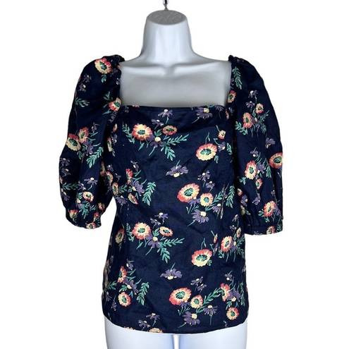 Polo  Ralph Lauren Stan Linen Blue Floral Puff Sleeve Square Neck size 8