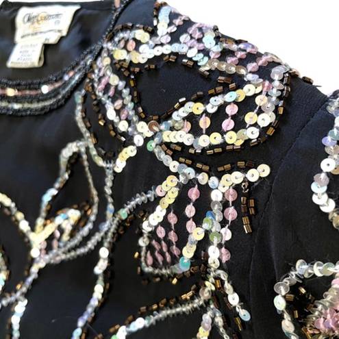 Oleg Cassini Authentic  Vintage Beaded Black Silk Floral Top Blouse