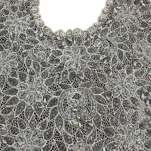 ANTIQUE VICTORIAN HANDMADE Lace Bertha Collar Faux Pearls Aurora Borealis AB Seq Silver