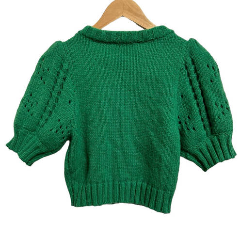 The Moon Day +  puff sleeve crochet knit green knit cropped sweater size Medium NEW