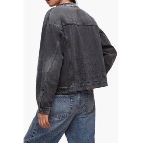 ALLSAINTS  Womens Washed Black Bloom Frayed-collar Denim Jacket 8 NEW