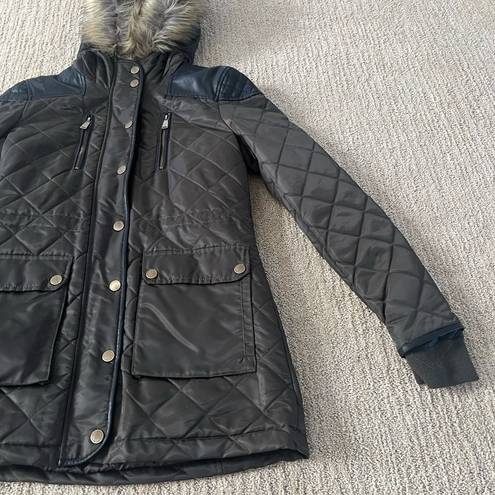 BCBGeneration  Dark Olive Quilted Winter Coat with Furry Hood