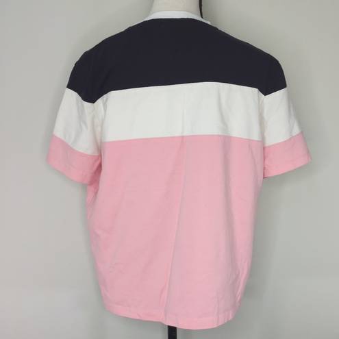 FILA  Tee Shirt Short Sleeve Crew Neck Black White Pink Colorblock Cotton Top L