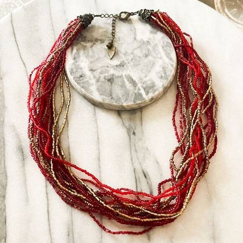 Coldwater Creek  Layered Seed Beaded Necklace - Red, Gold, Multilayer Boho Indie