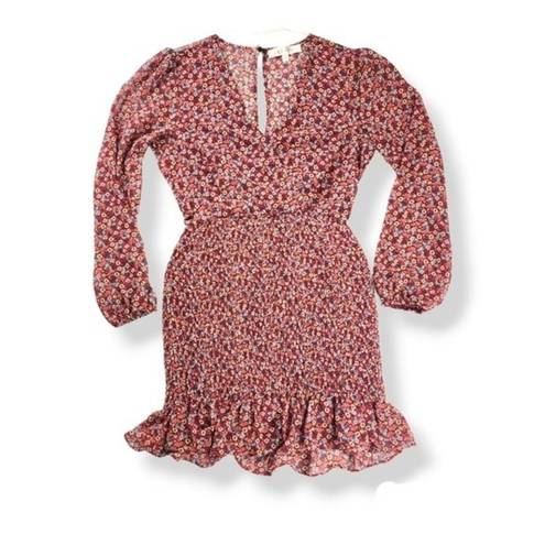 The Row  A Burgundy Floral Long Sleeve Ruffle Smoked Dress Long Sleeve Size L