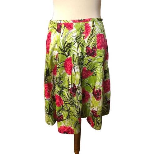 Talbots  Poppy Butterfly Floral Green and Red Pleated Cotton Skirt 4P