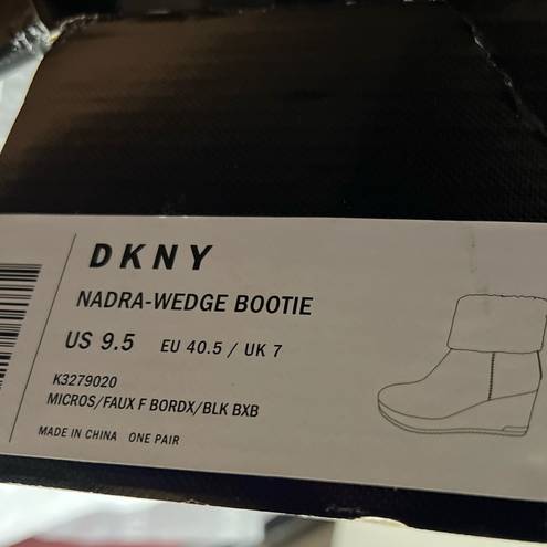 DKNY  Nadra  Burgundy and Black Faux Fur Suede Wedge Booties 9.5