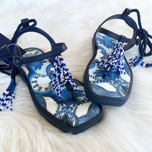 Farm Rio  Blue Tile Beaded Flat Lace Up Sandals Blue Size 6 NEW WITHOUT BOX