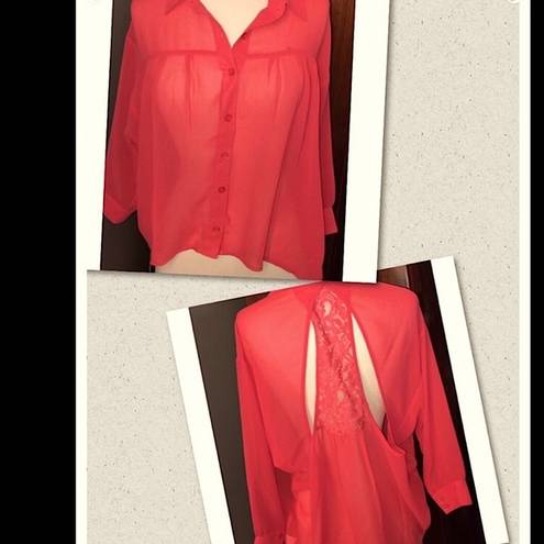 Kirra  - Coral sheer button blouse with lace back