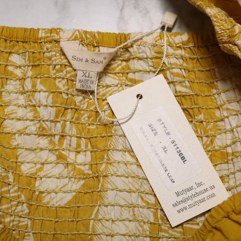 Sim & Sam  Puff Sleeve Leaf Print Square Neck Top Blouse Yellow & White Sz XL