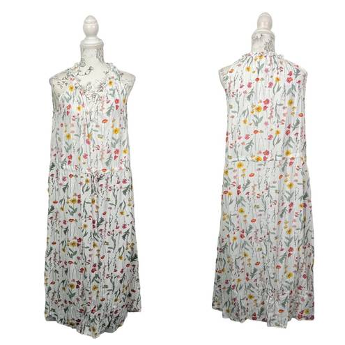 Well Worn  Countryside Floral Linen V-neck Ruffle Tie Waist Maxi Dress Size S