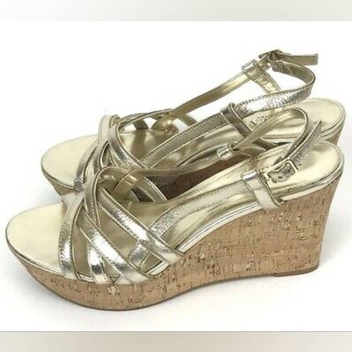 Ralph Lauren NEW LAUREN  Gold Metallic Leather Platform Wedge Sandals Women's 8 B