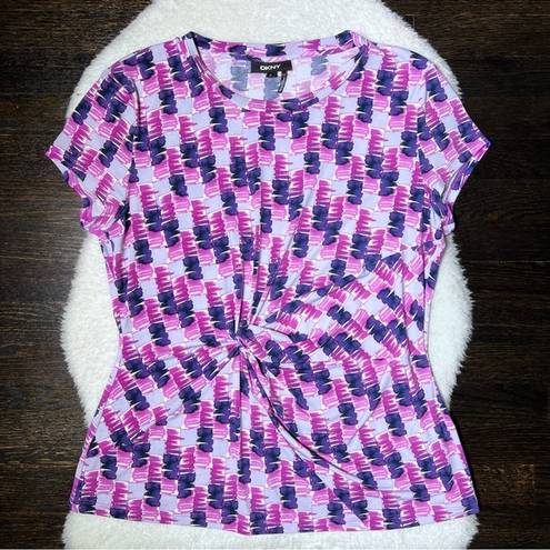 DKNY  Pink Abstract Front Twist Knot Short Sleeve Blouse