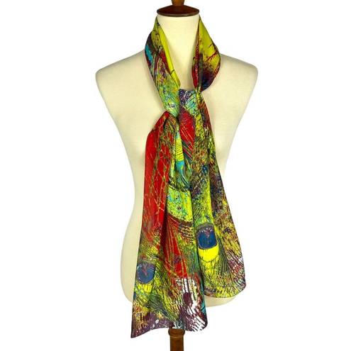 Cynthia Rowley 100% Silk Vibrant Colorful Peacock Feather Print Scarf 64” x 14”