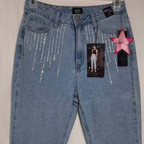 Simple Society  Juniors Jeans High Rise Straight Light Wash Size 7/28 Rhinestones