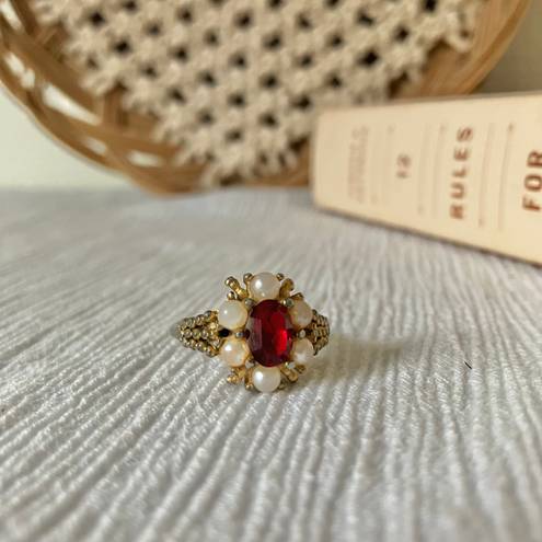 Vintage “Edvarda” Avon Ruby Pearl Gold Ring Victorian Gothic Edwardian Glam Jewelry Red