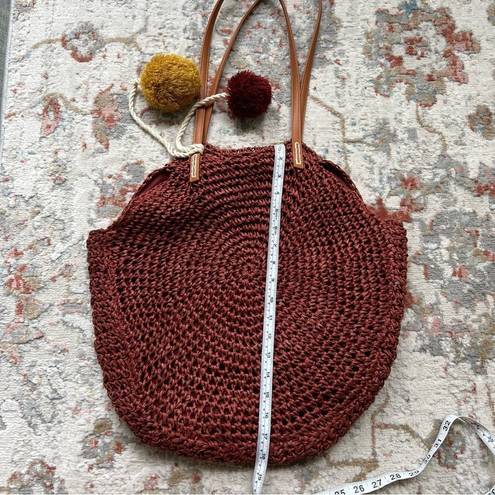 American Eagle  Straw Beach Bag Circular Rust Dark Red Tote with Pom Poms