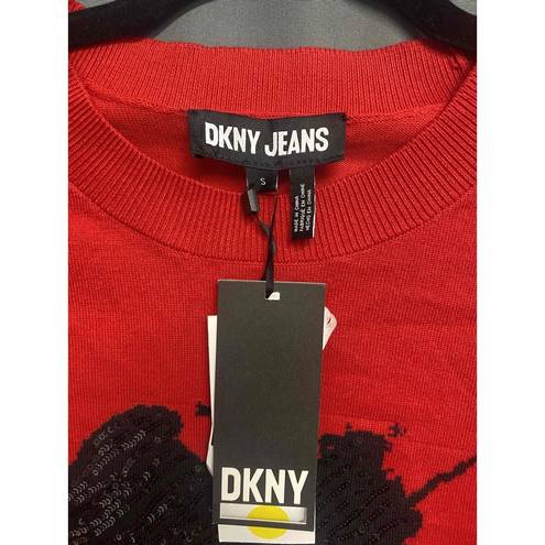 DKNY  Jeans Red Sequin Detail Crew Neck Sweater Womens Size Small b57