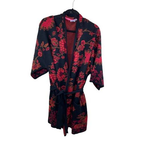 Isaac Mizrahi  Live! Floral Jacquard Belted Cardigan Black Red 3xl A384084