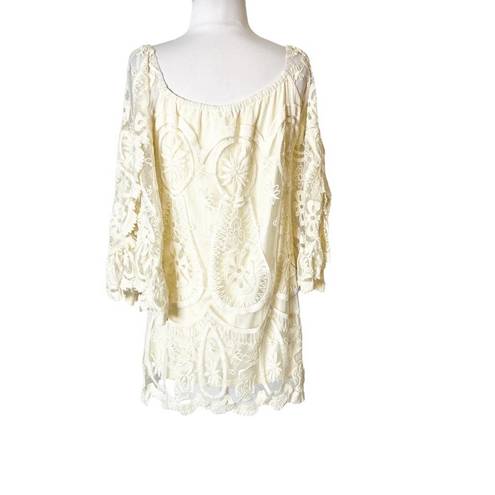 Jen's Pirate Booty Jen’s pirate booty Free people Bardot lace bell sleeve mini dress sz M cream