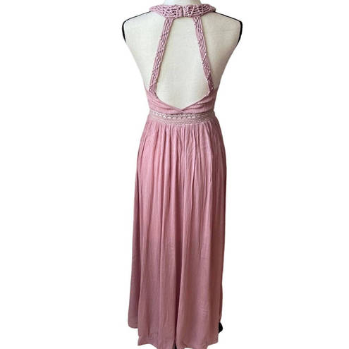 Illa Illa  Pink Lace Maxi Dress Women Size Small Grecian Halter Double Slit Knit