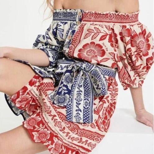 Farm Rio NWT  Mixed Pineapple Garden Linen Blend Red & Blue Tie Waist Mini Dress