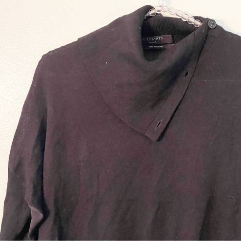 ALL SAINTS Size Small Black Merino Wool Black Button Cowl Neck Collared Top