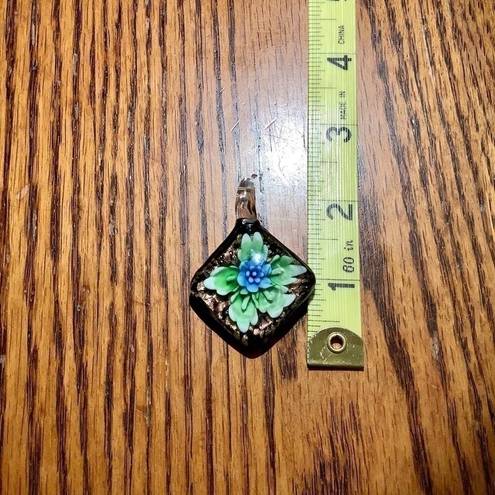 None Hand Blown Diamond Shaped Green Blue Flowering Plant Glass Floral Pendant