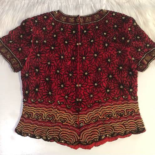 Adrianna Papell Boutique Red Silk Beaded Blouse | Sise Large