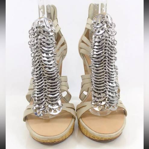 L.A.M.B. Leather Silver Coin Strappy Platform Heels