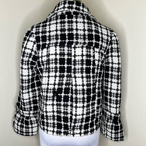 Oleg Cassini  Wool Blend Coat MEDIUM Black White Boucle Plaid Double Breasted