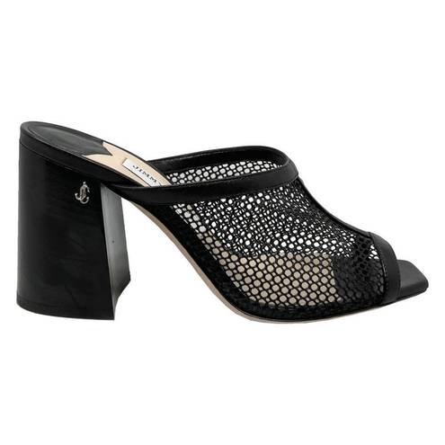 Jimmy Choo  Mules Joud 85 Black Leather Trimmed Honeycomb Mesh Block Heel Sandals