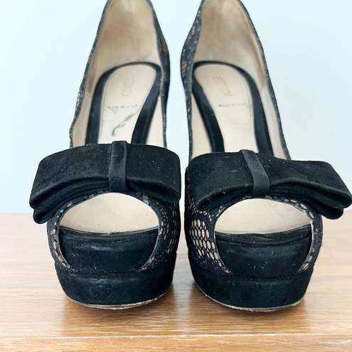 Fendi floral black lace platform peep toes heels 36 / 6