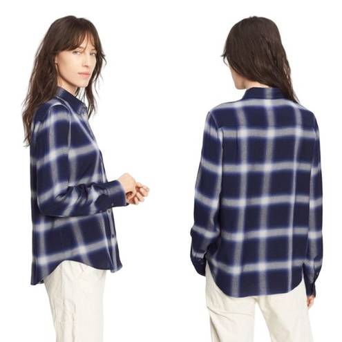 Vince  Soft Relaxed Brushed Plaid Button Down Long Sleeve Top Blue White Small