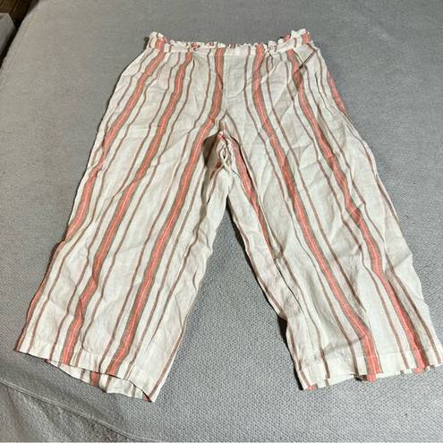 Marc New York  Andrew Marc Cream Pink Striped 100% Linen Pull On Culotte Pant L