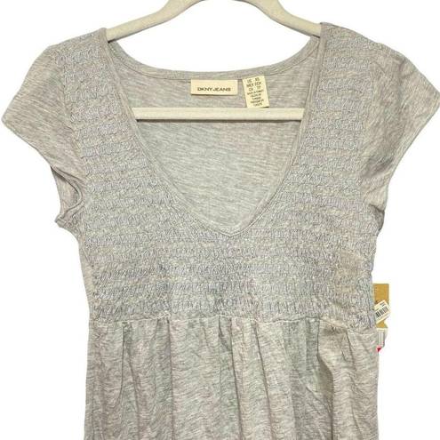 DKNY  Jeans Womens Sz XS Gray Shirt Short Sleeve Top Baby Doll V-neck Smocked NWT