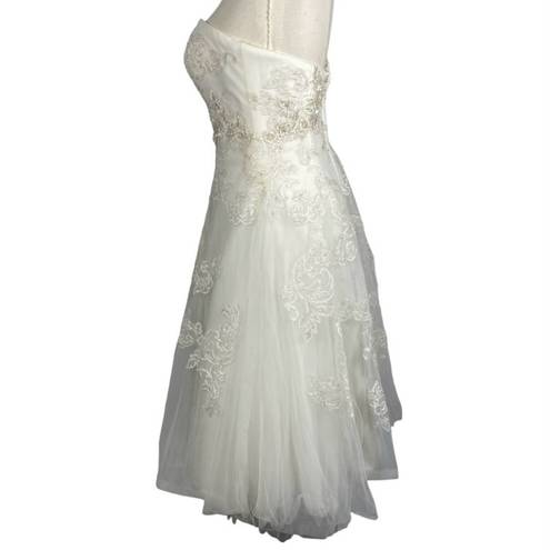 Oleg Cassini  Strapless Tulle Embellished Tea Length Ivory Wedding Gown size 6 8