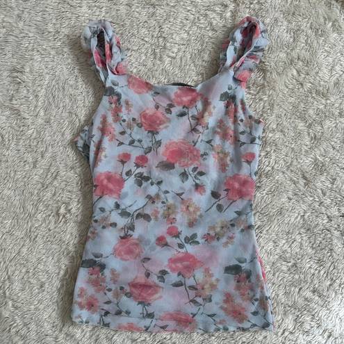 Arden B  Small Y2K Blue Pink Floral Ruffle Mesh Tank Top Coquette Rose