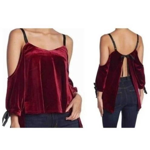 Romeo + Juliet Couture  Burgundy Velvet Cold Shoulder Open Back Tie Top Blouse