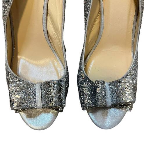 Kate Spade  Shoes Silver Glitter Bow Accent Slip On Peep Toe Slingback Pump Heels