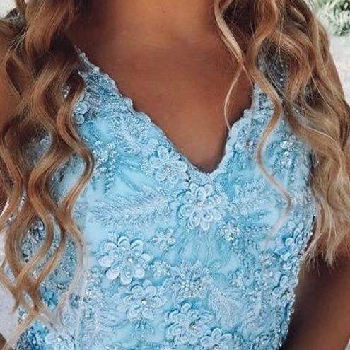 Custom Made Blue Beaded Homecoming Dress